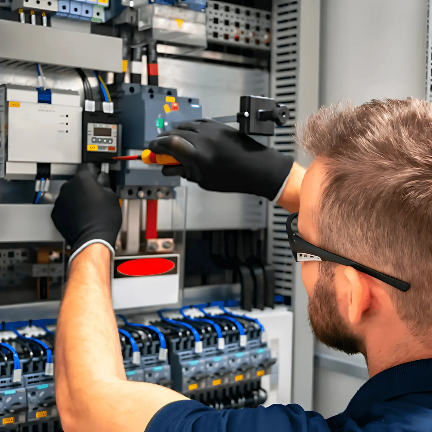 Elektricien inspecteert stroomonderbreking bij een woning.